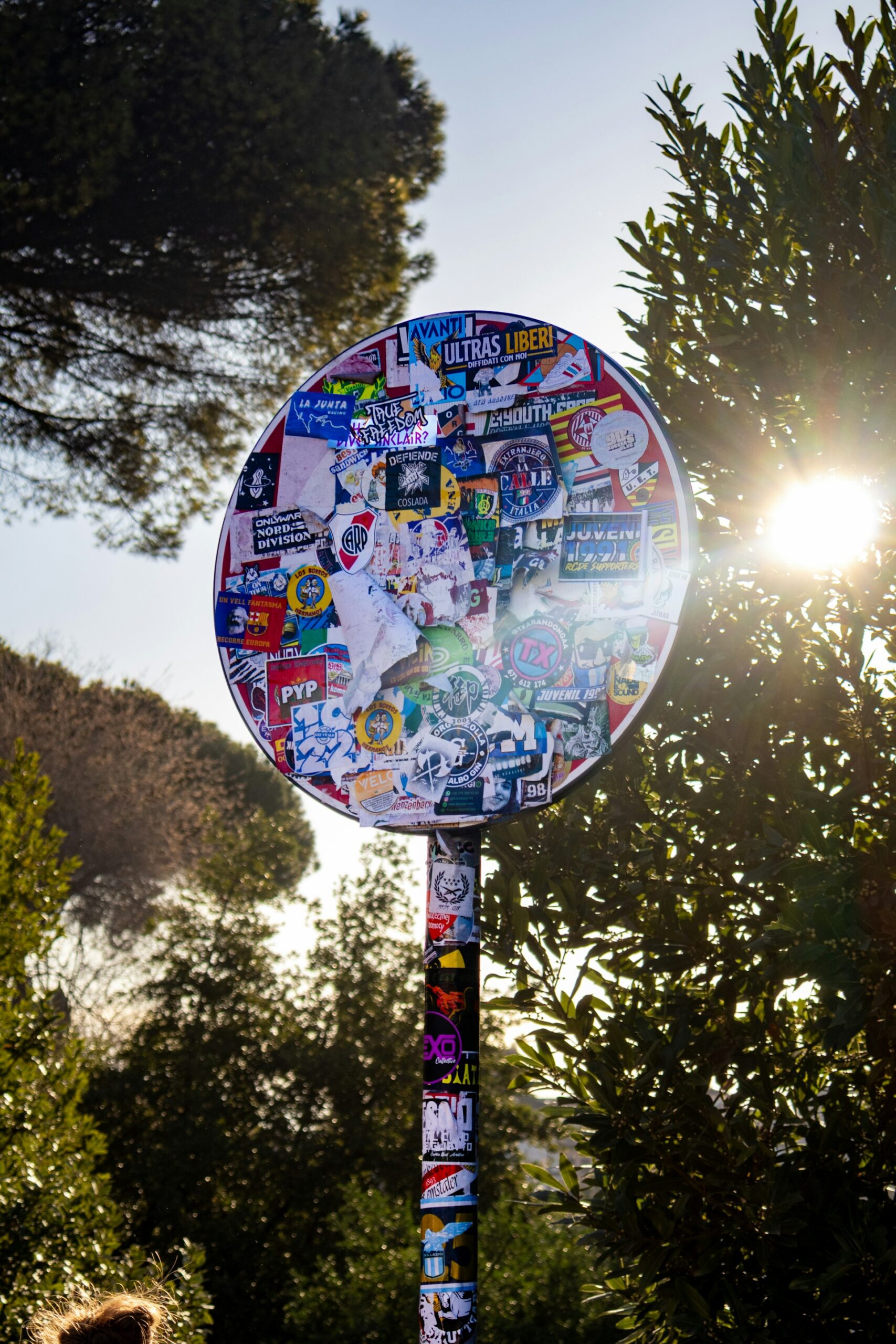 Round road sign covered in stickers backlit by sunlight through trees
